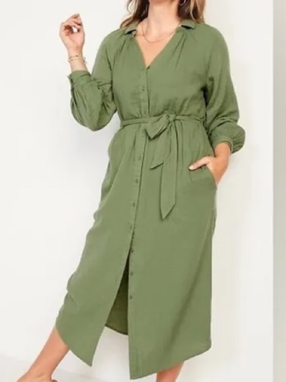 Old Navy Olive Green Button-Front Midi Shirt Dress cotton large
